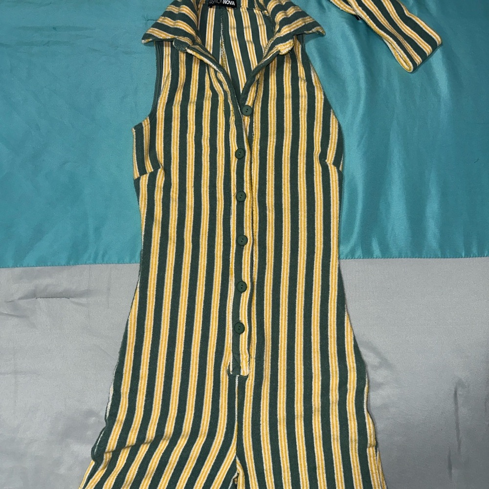 Green and Yellow Striped Button-Up Dress